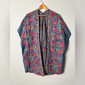 Umgee Embroidered Open-Front Kimono in Teal, Fuchsia & Rust